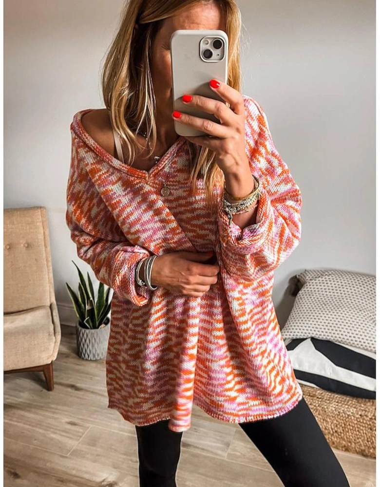 Orange Vibrant Abstract Print Drop Shoulder V Neck Tunic Oversized Sweater