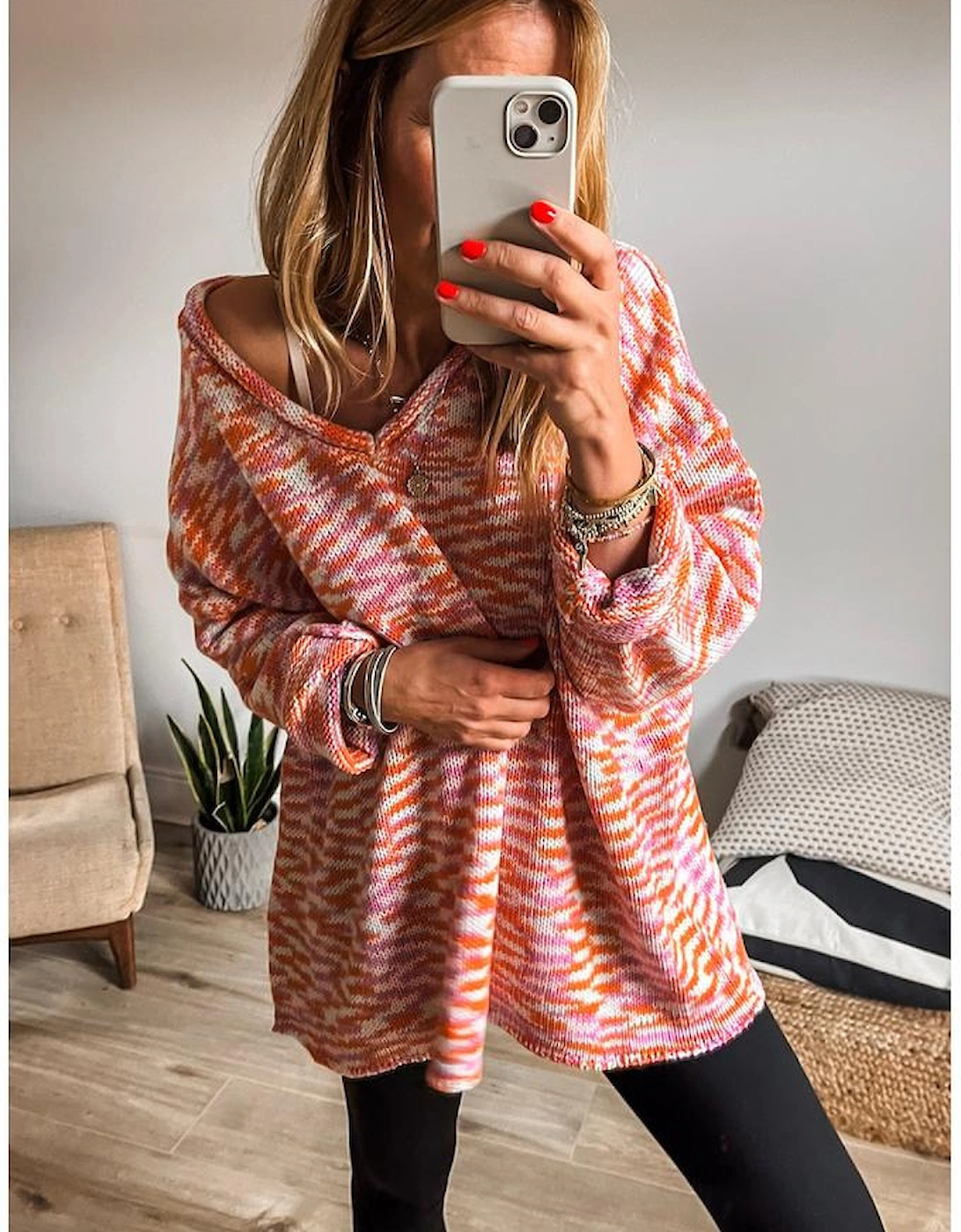 Orange Vibrant Abstract Print Drop Shoulder V Neck Tunic Oversized Sweater