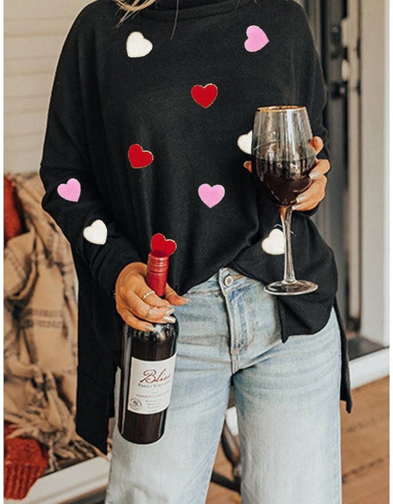 Black Valentines Chenille Heart Patched Dolman Sleeve High Neck Split Top
