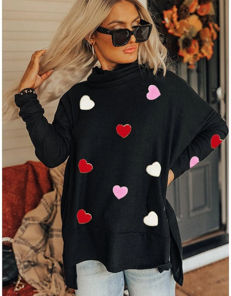 Black Valentines Chenille Heart Patched Dolman Sleeve High Neck Split Top