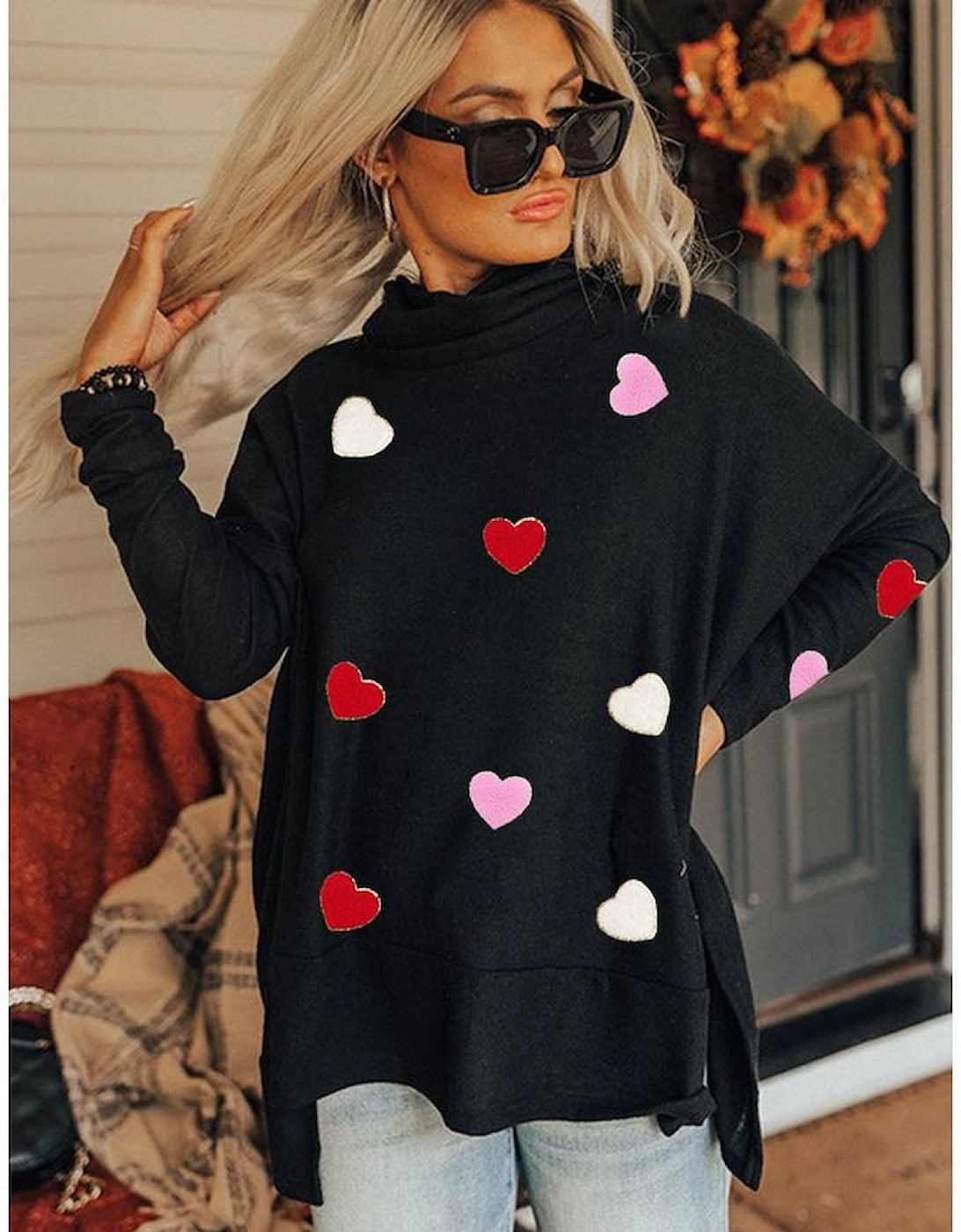 Black Valentines Chenille Heart Patched Dolman Sleeve High Neck Split Top
