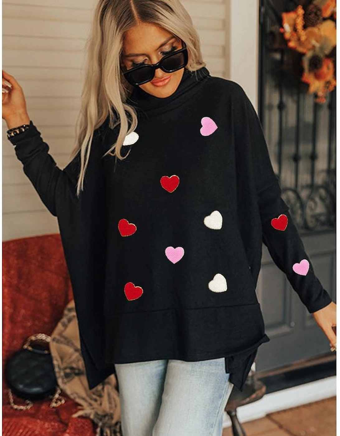 Black Valentines Chenille Heart Patched Dolman Sleeve High Neck Split Top, 7 of 6