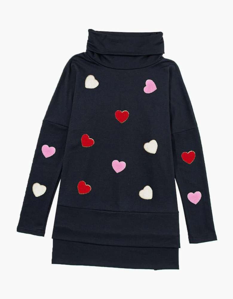 Black Valentines Chenille Heart Patched Dolman Sleeve High Neck Split Top