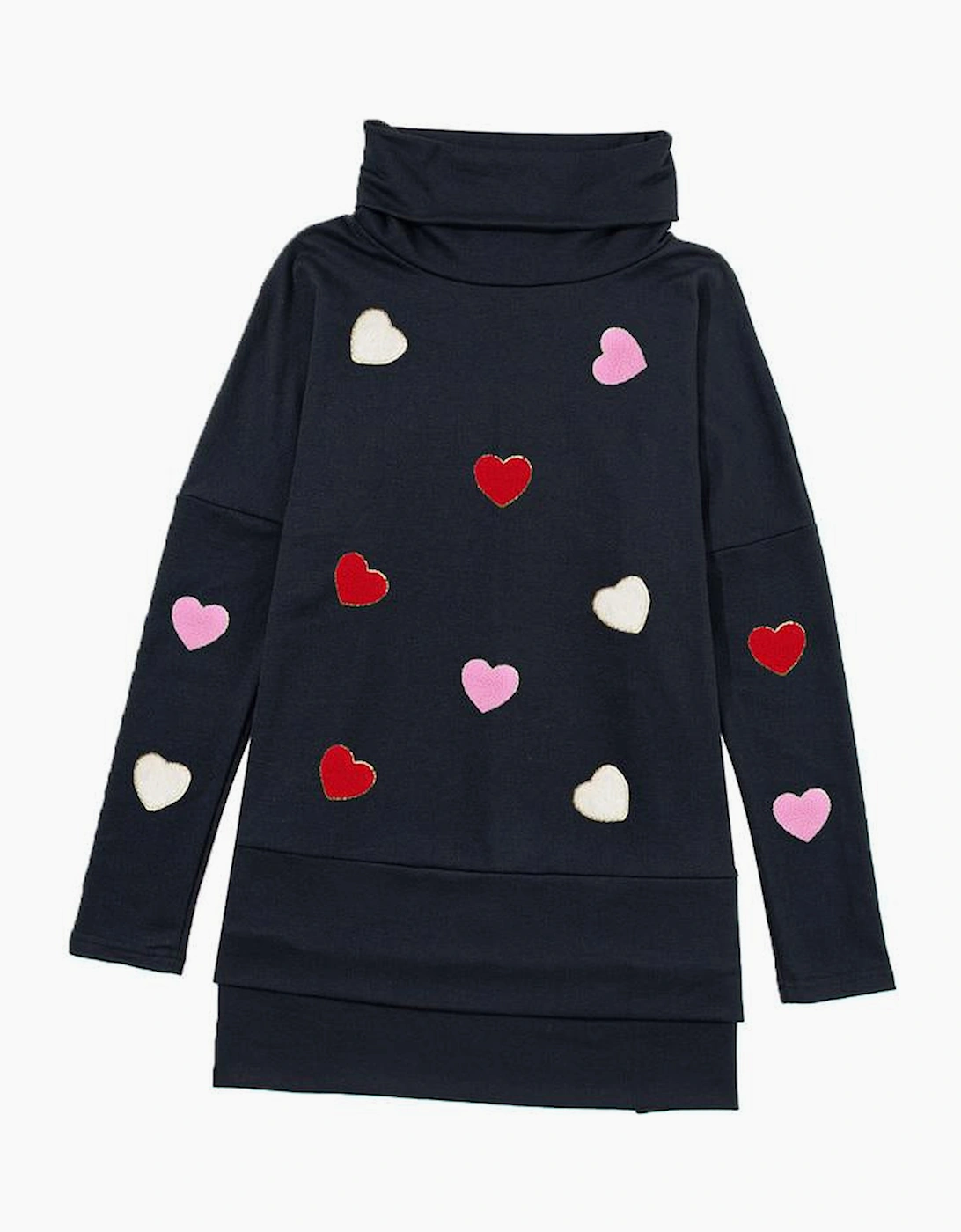 Black Valentines Chenille Heart Patched Dolman Sleeve High Neck Split Top