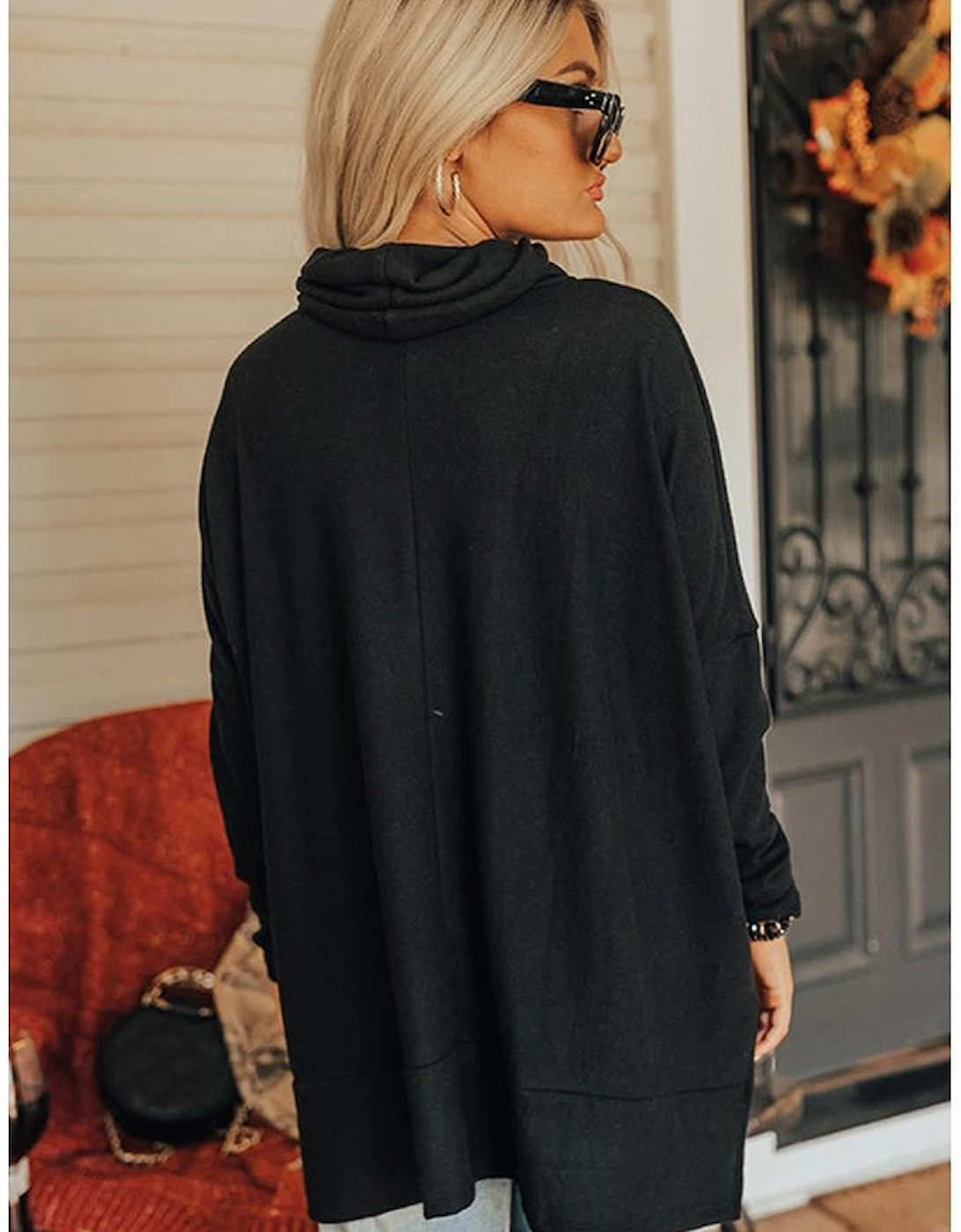 Black Valentines Chenille Heart Patched Dolman Sleeve High Neck Split Top