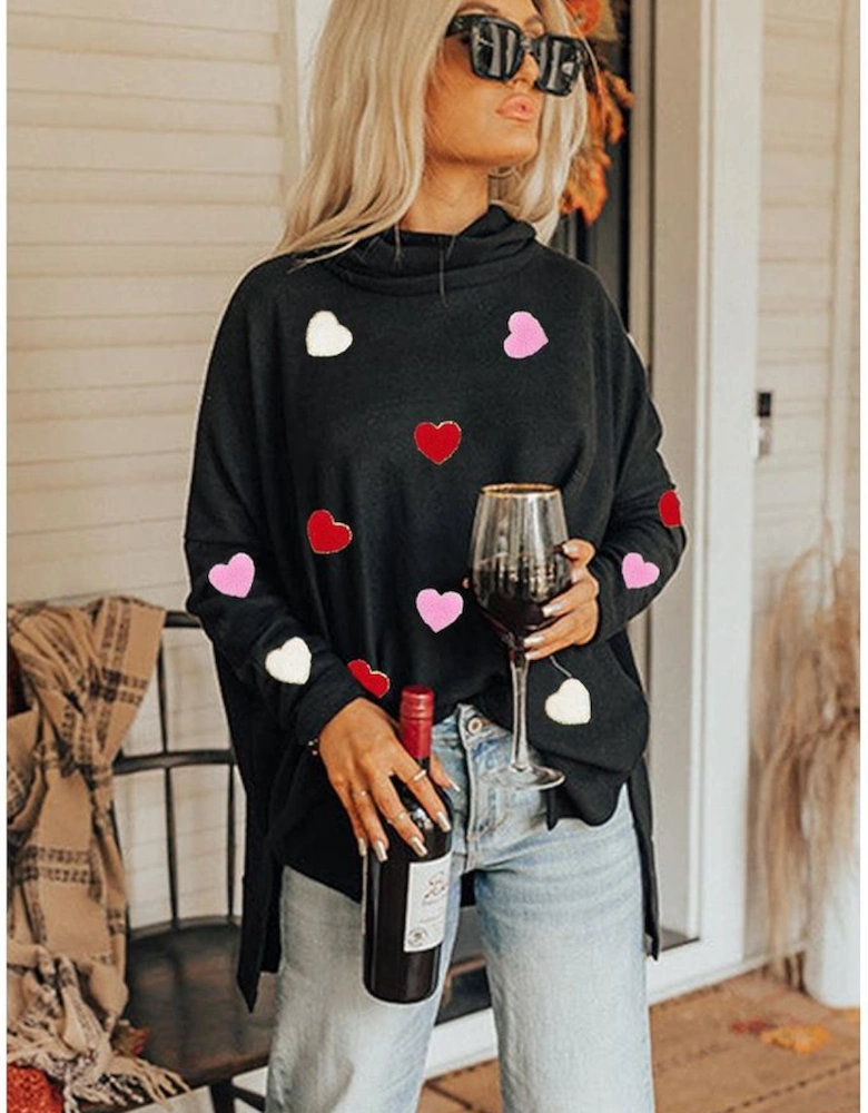 Black Valentines Chenille Heart Patched Dolman Sleeve High Neck Split Top