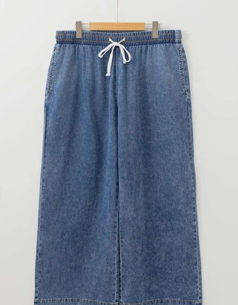 Dusk Blue Plus Size Drawstring High Waist Straight Leg Jeans