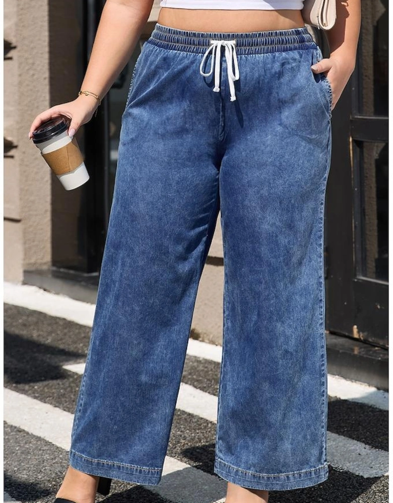 Dusk Blue Plus Size Drawstring High Waist Straight Leg Jeans