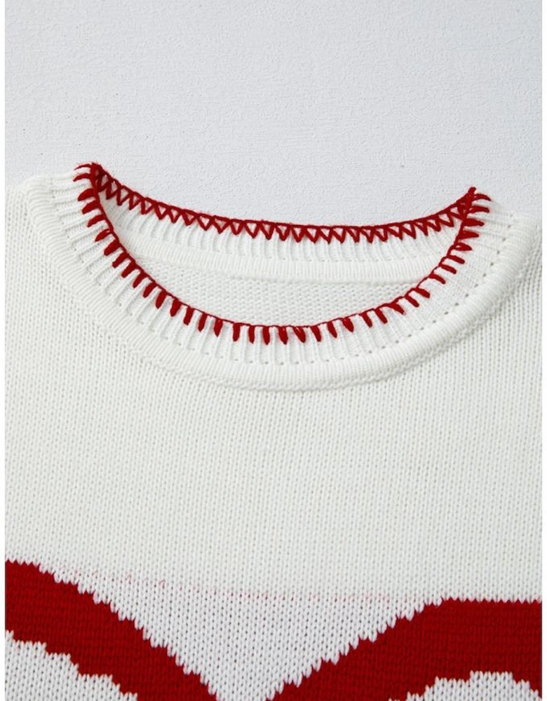 White Bow Pattern Contrast Trim Christmas Loose Graphic Sweater