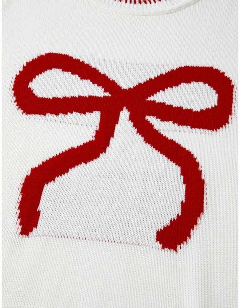 White Bow Pattern Contrast Trim Christmas Loose Graphic Sweater