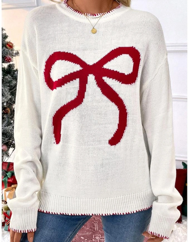 White Bow Pattern Contrast Trim Christmas Loose Graphic Sweater