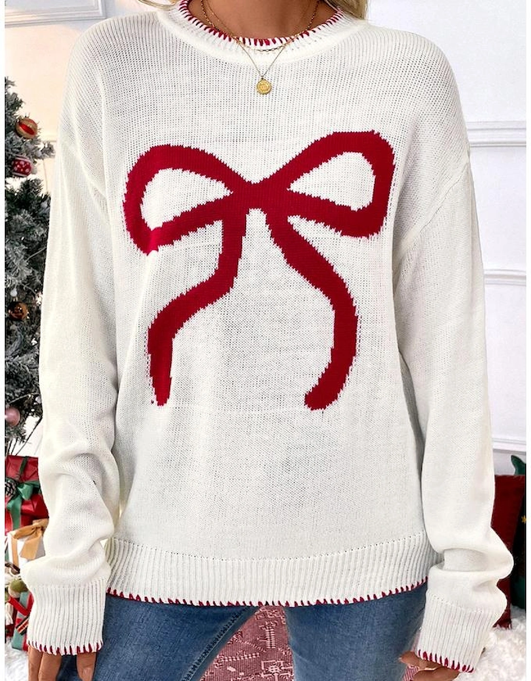 White Bow Pattern Contrast Trim Christmas Loose Graphic Sweater