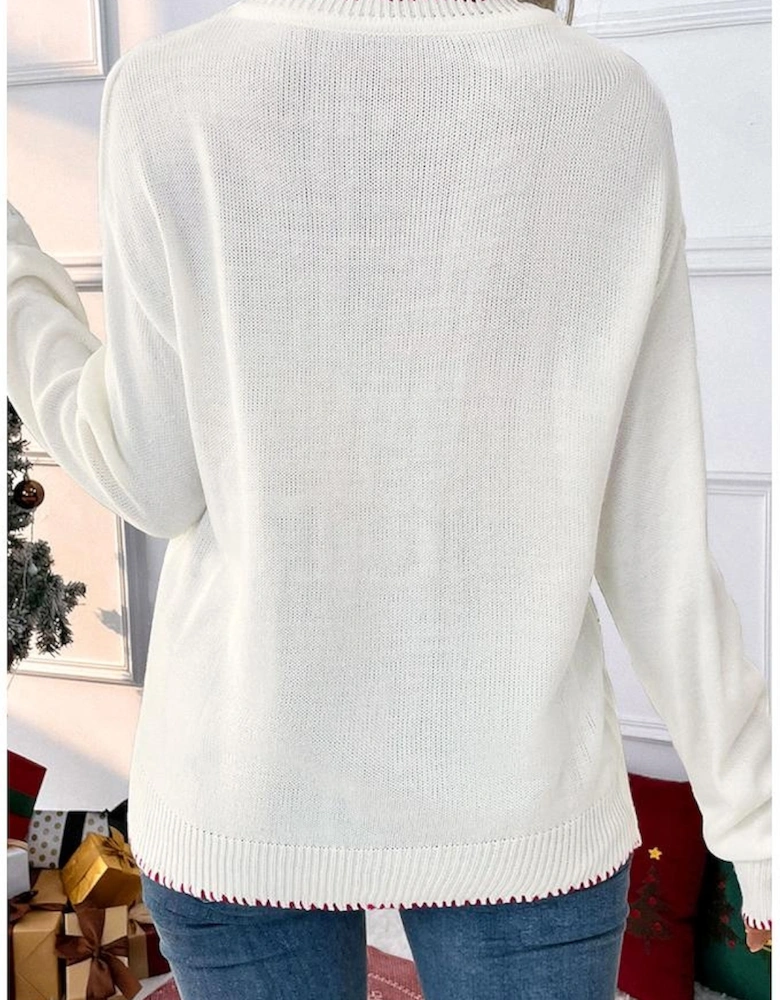 White Bow Pattern Contrast Trim Christmas Loose Graphic Sweater