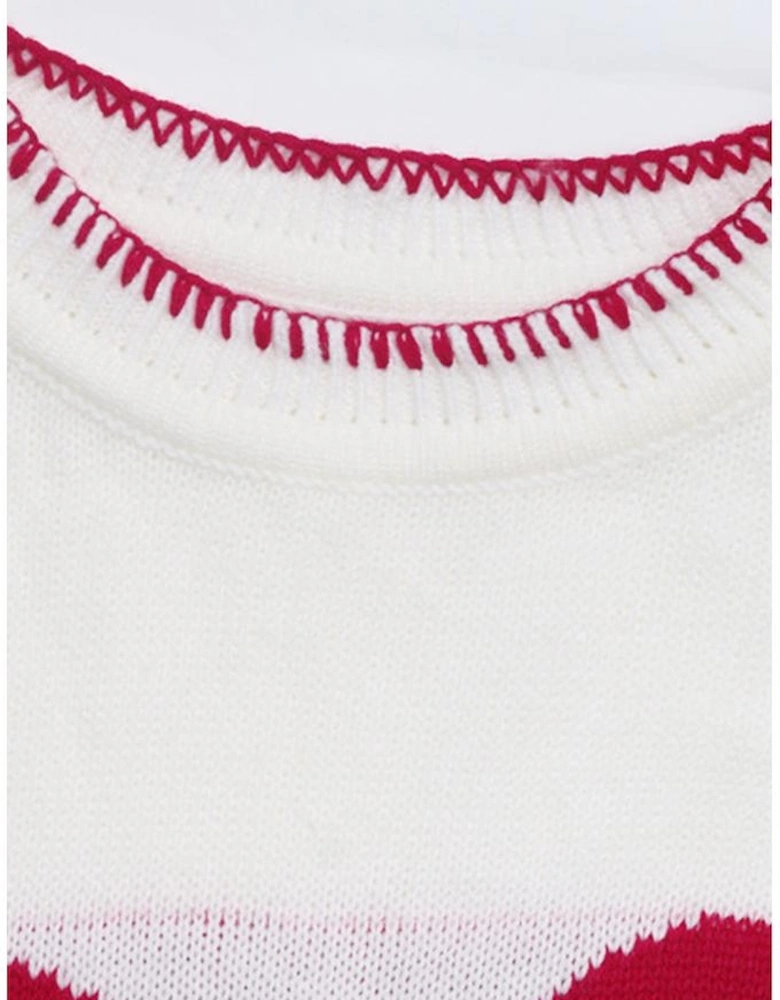 White Bow Pattern Contrast Trim Christmas Loose Graphic Sweater