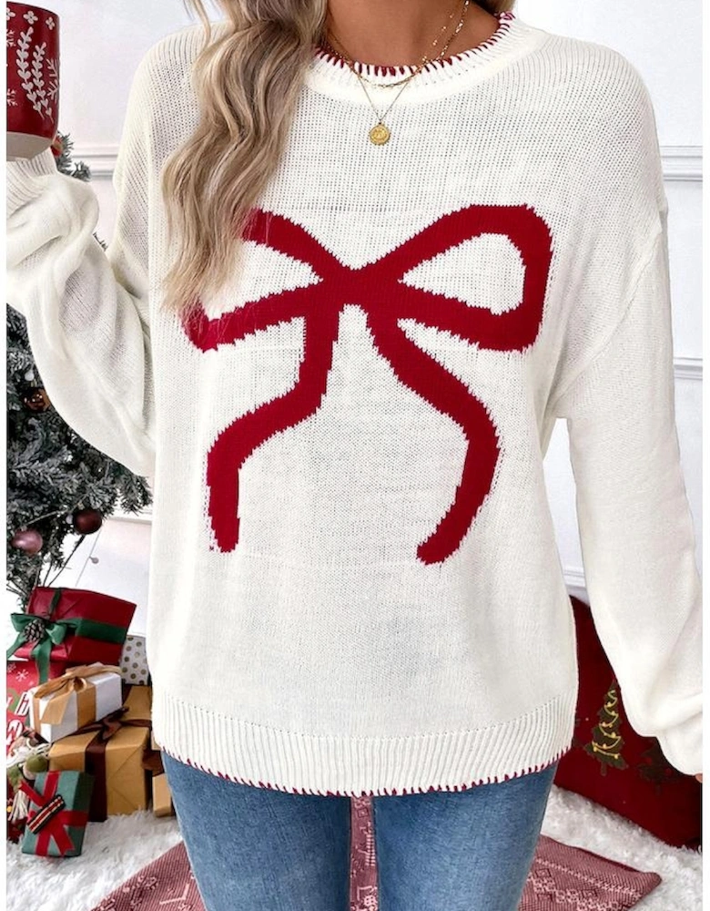 White Bow Pattern Contrast Trim Christmas Loose Graphic Sweater