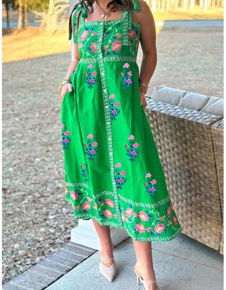 Green Floral Print Contrast Trim Knotted Straps Midi Dress