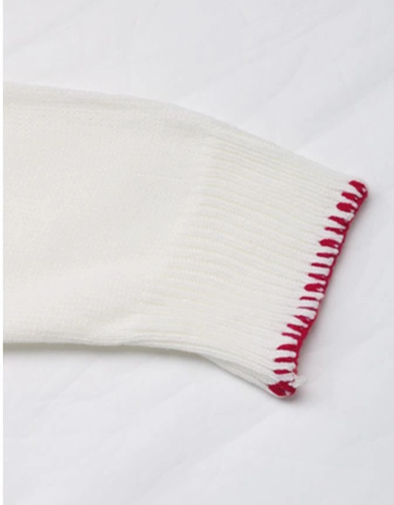 White Bow Pattern Contrast Trim Christmas Loose Graphic Sweater