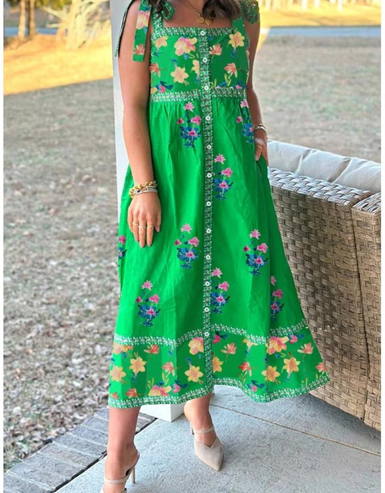 Green Floral Print Contrast Trim Knotted Straps Midi Dress