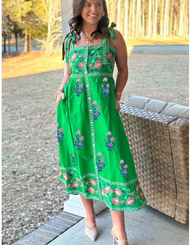 Green Floral Print Contrast Trim Knotted Straps Midi Dress