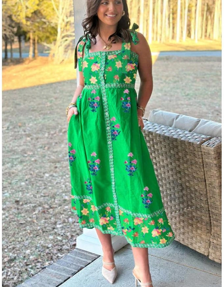 Green Floral Print Contrast Trim Knotted Straps Midi Dress