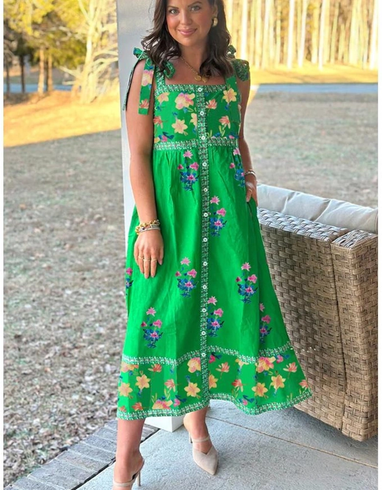 Green Floral Print Contrast Trim Knotted Straps Midi Dress