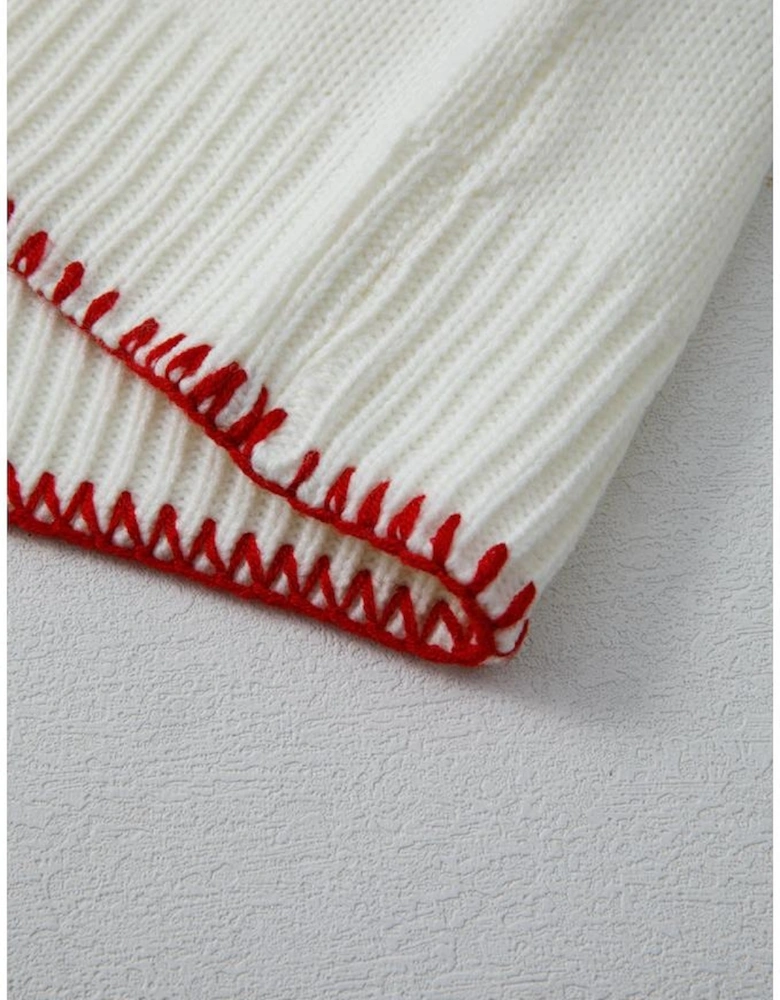 White Bow Pattern Contrast Trim Christmas Loose Graphic Sweater