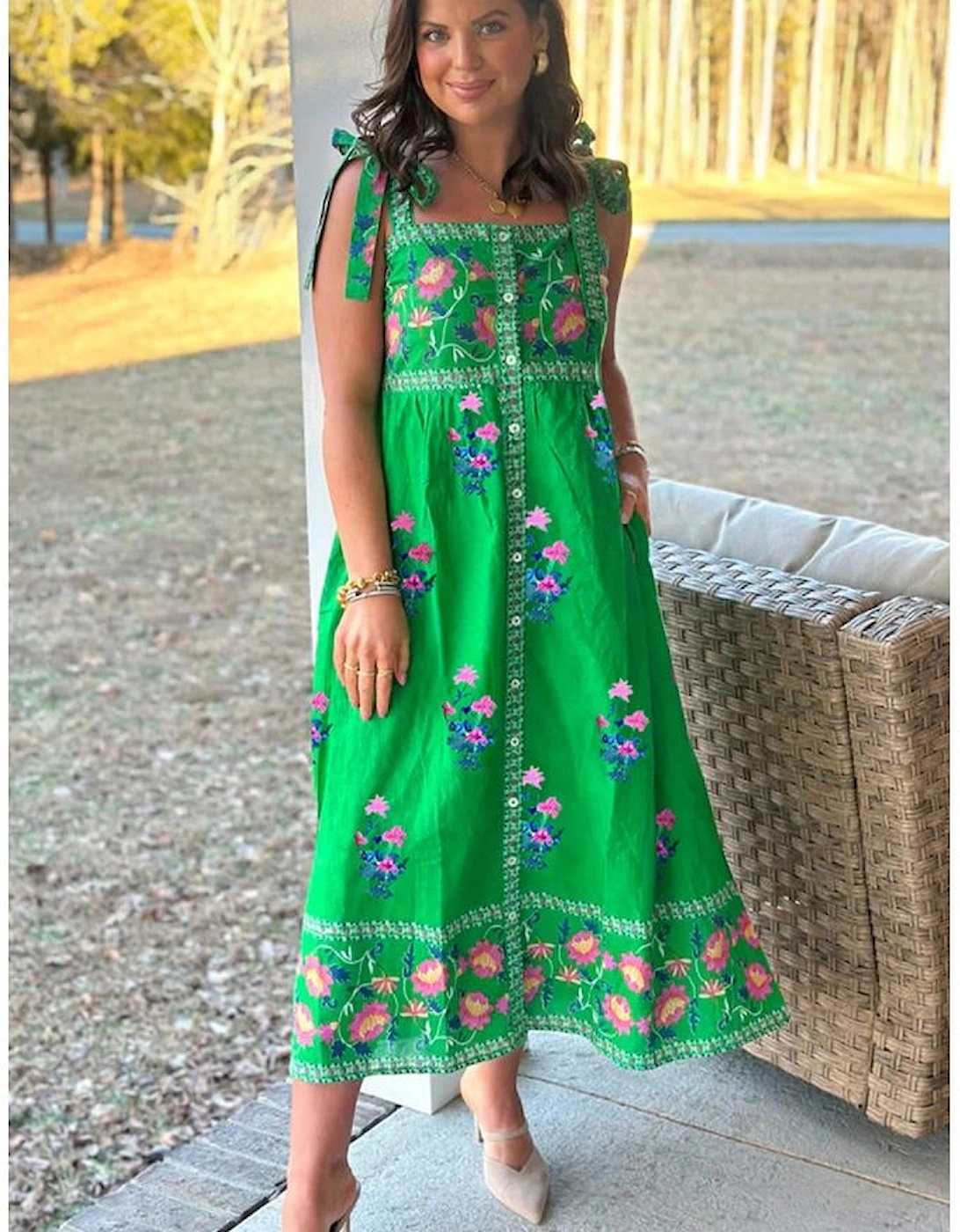 Green Floral Print Contrast Trim Knotted Straps Midi Dress