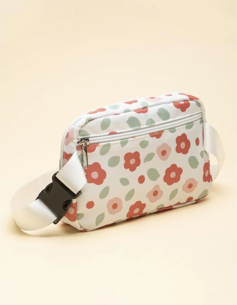 White Floral Print Buckle Wide Belt Zipper Crossbody Bag