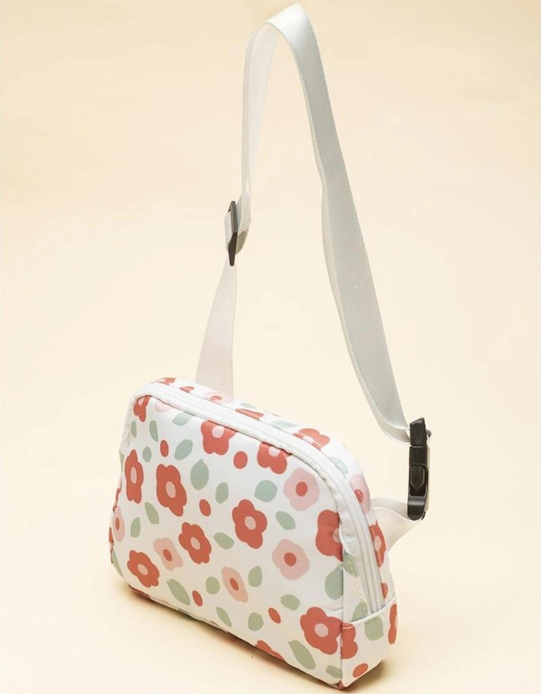 White Floral Print Buckle Wide Belt Zipper Crossbody Bag