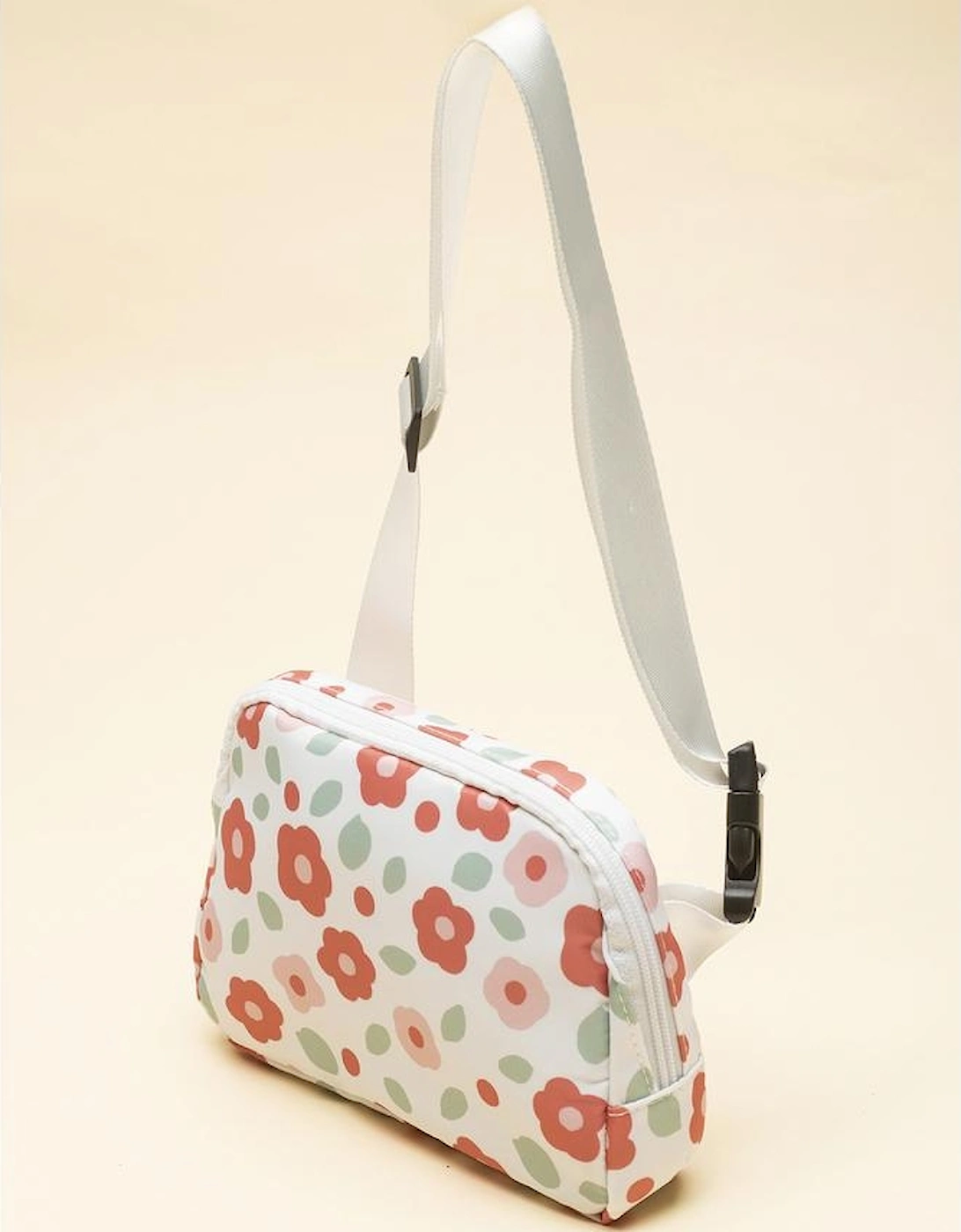 White Floral Print Buckle Wide Belt Zipper Crossbody Bag