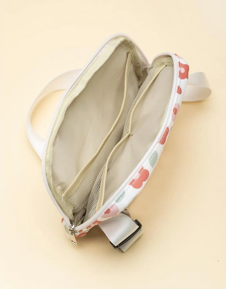 White Floral Print Buckle Wide Belt Zipper Crossbody Bag