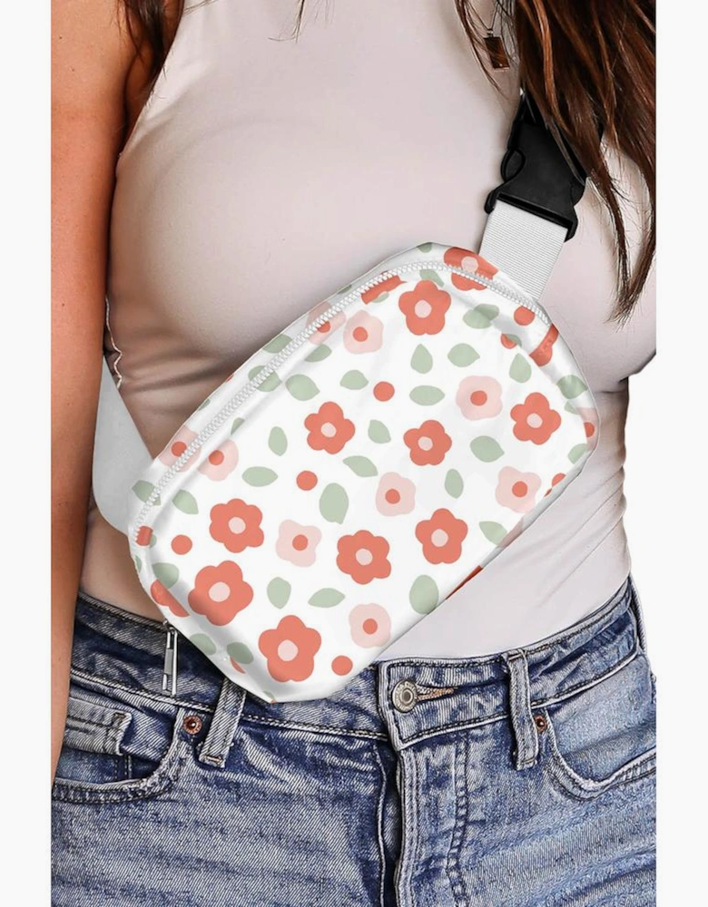 White Floral Print Buckle Wide Belt Zipper Crossbody Bag