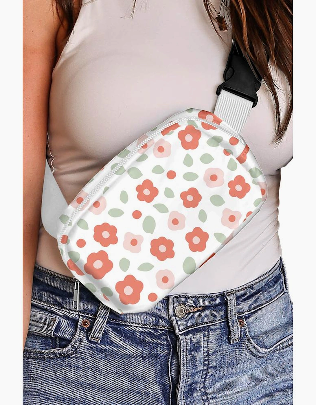 White Floral Print Buckle Wide Belt Zipper Crossbody Bag, 14 of 13