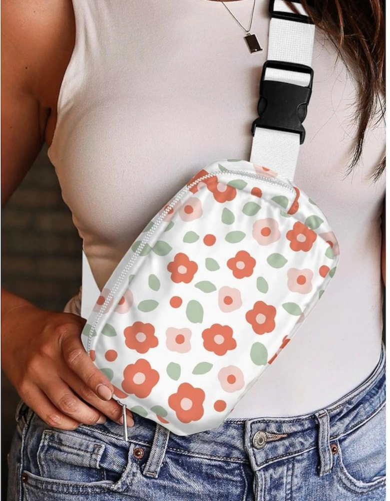White Floral Print Buckle Wide Belt Zipper Crossbody Bag
