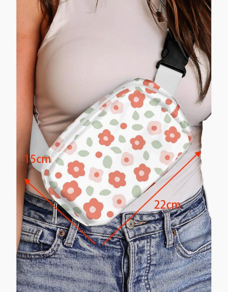 White Floral Print Buckle Wide Belt Zipper Crossbody Bag