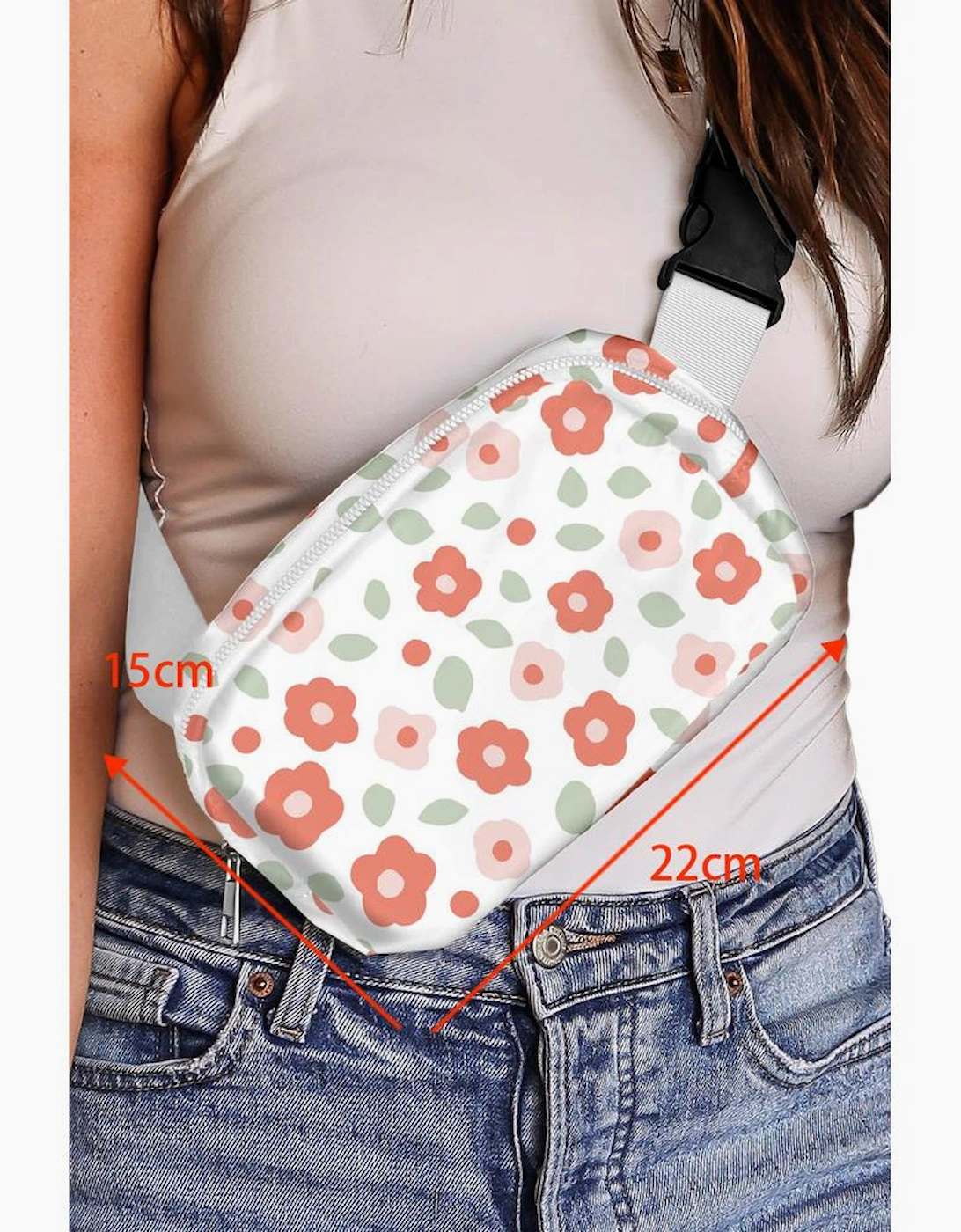 White Floral Print Buckle Wide Belt Zipper Crossbody Bag