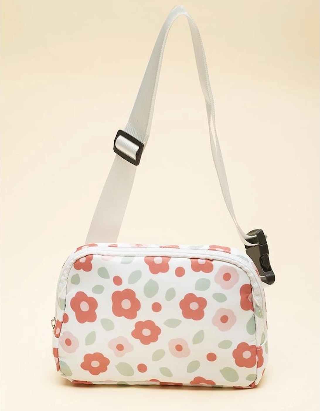 White Floral Print Buckle Wide Belt Zipper Crossbody Bag