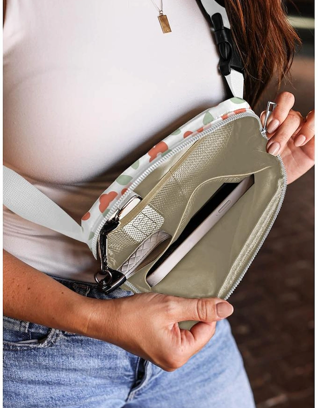 White Floral Print Buckle Wide Belt Zipper Crossbody Bag