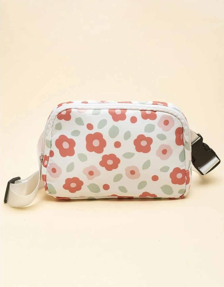 White Floral Print Buckle Wide Belt Zipper Crossbody Bag