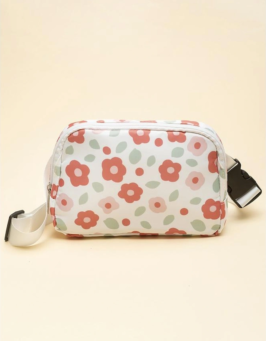White Floral Print Buckle Wide Belt Zipper Crossbody Bag
