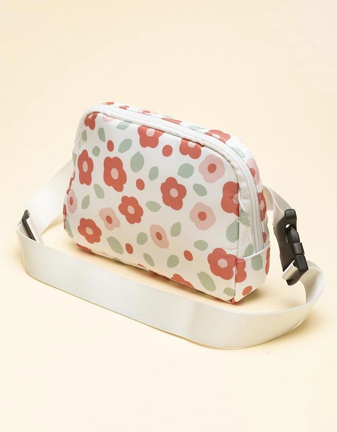 White Floral Print Buckle Wide Belt Zipper Crossbody Bag