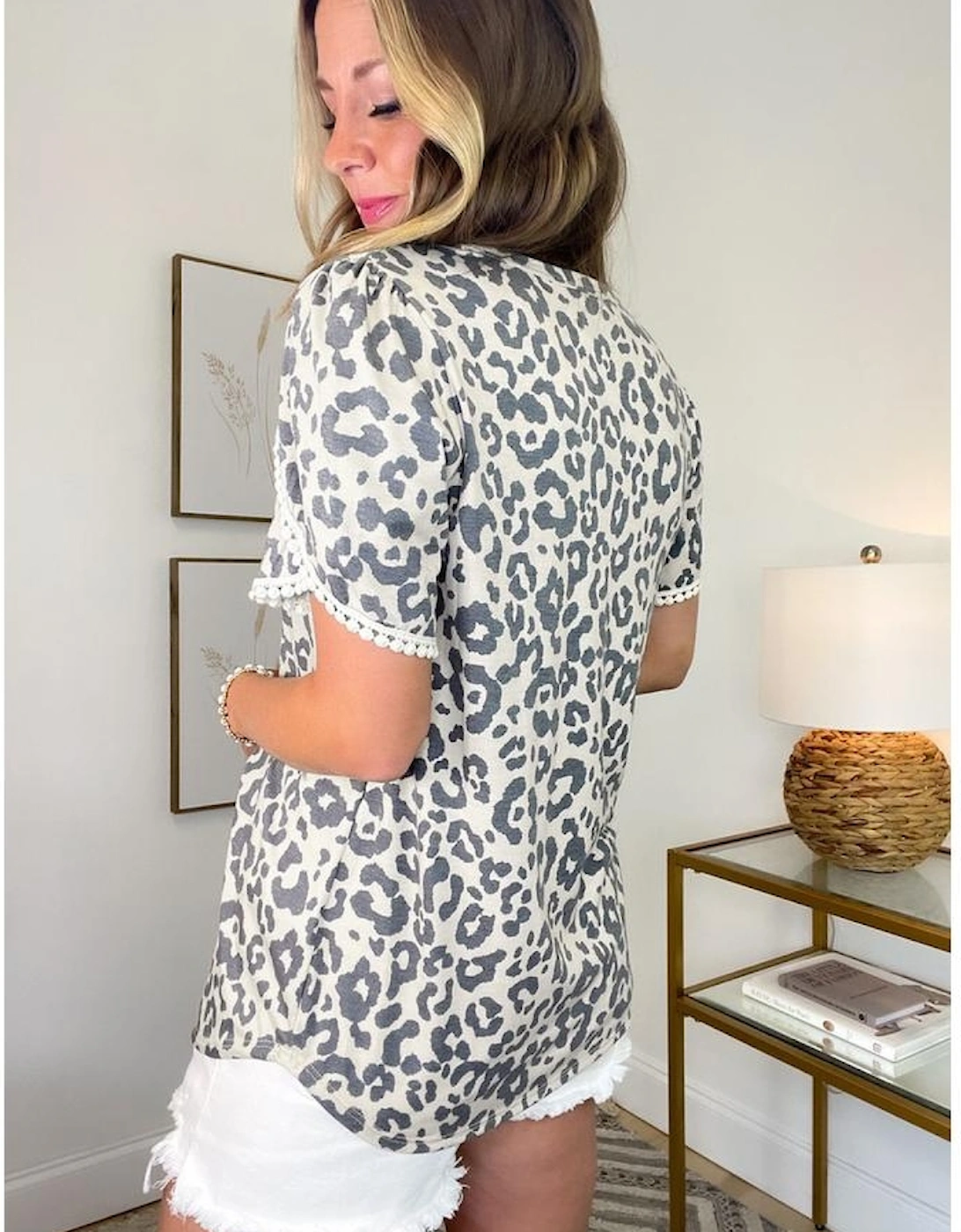 Beige Leopard Round Neck Lace Trim Petal Sleeve T Shirt, 15 of 14