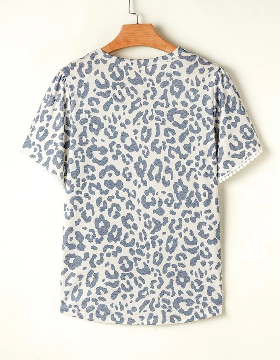 Beige Leopard Round Neck Lace Trim Petal Sleeve T Shirt