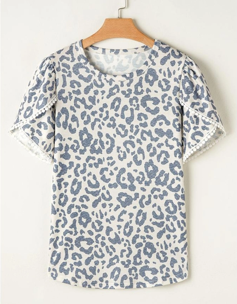 Beige Leopard Round Neck Lace Trim Petal Sleeve T Shirt
