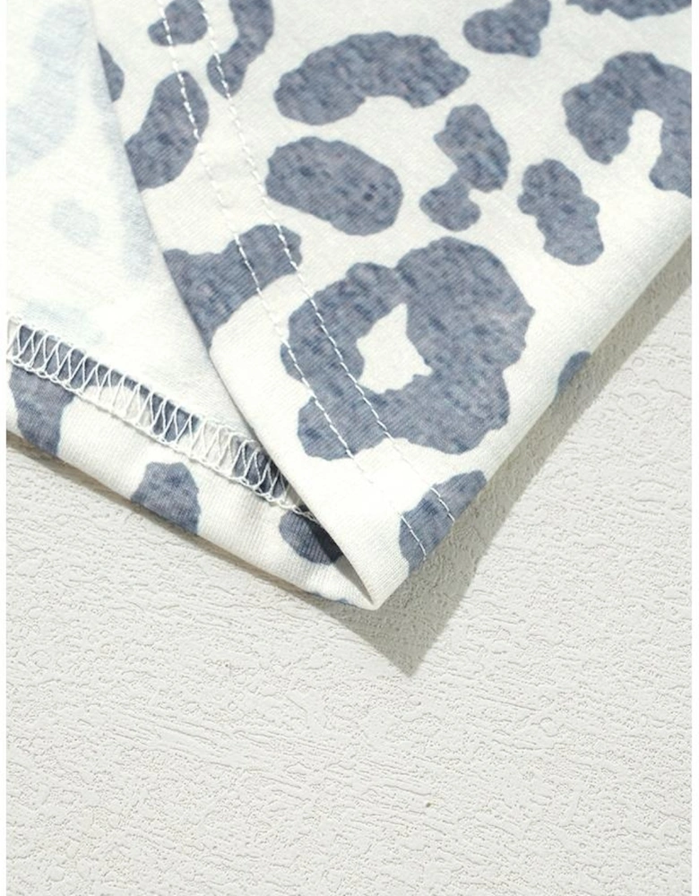 Beige Leopard Round Neck Lace Trim Petal Sleeve T Shirt