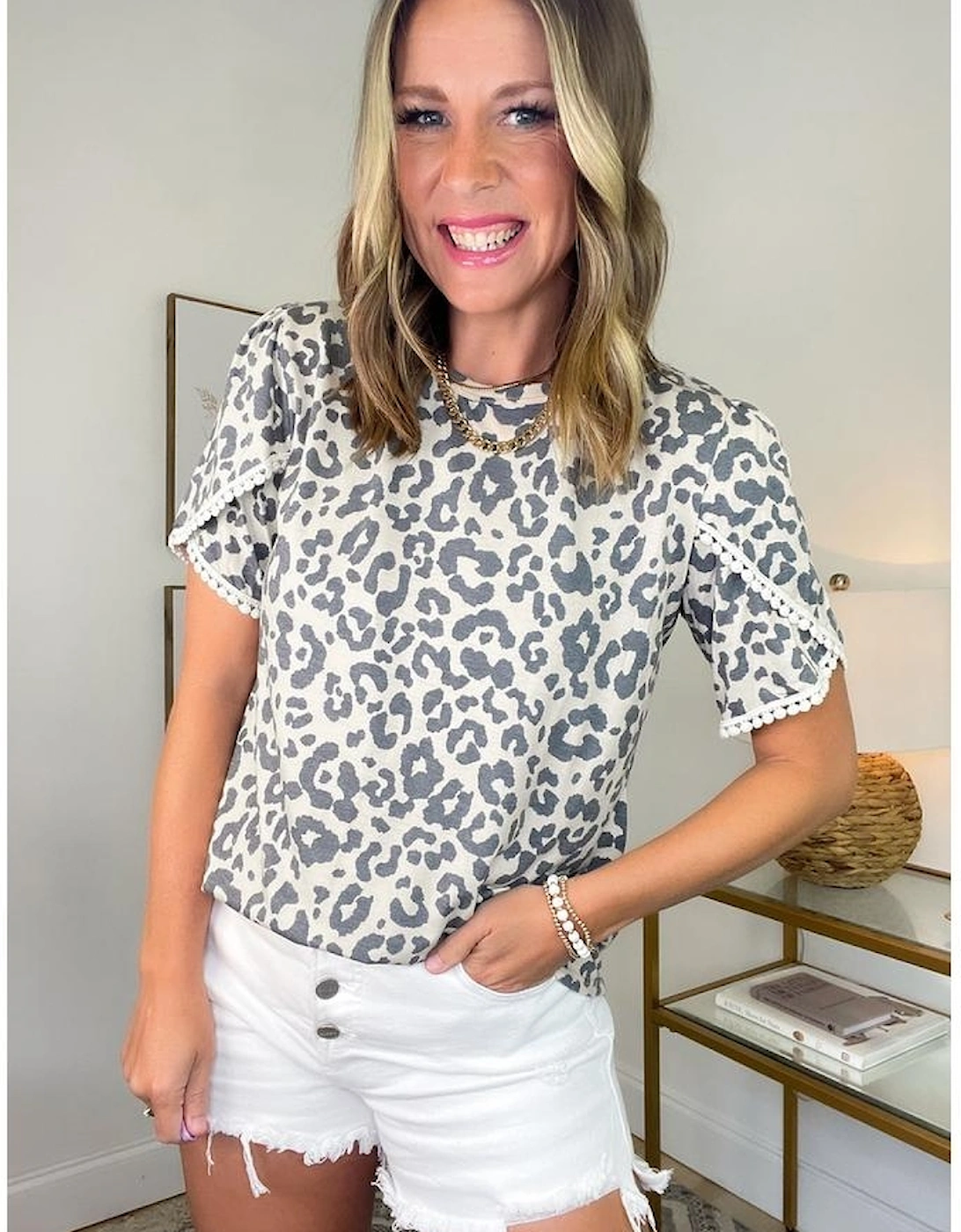 Beige Leopard Round Neck Lace Trim Petal Sleeve T Shirt