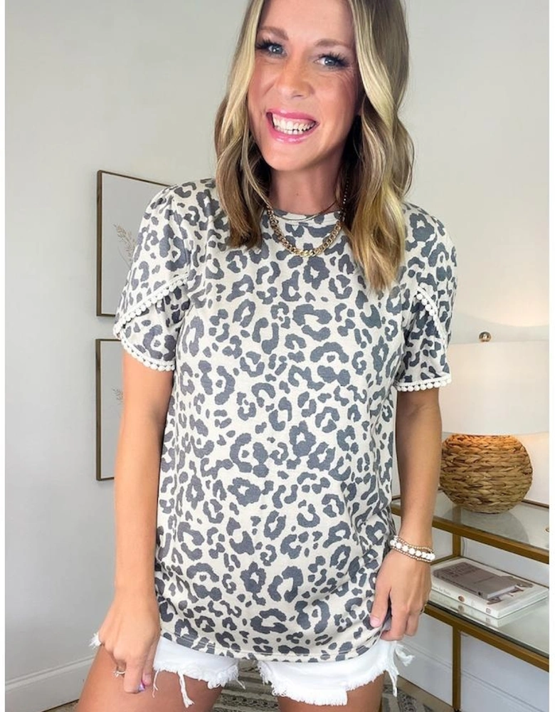 Beige Leopard Round Neck Lace Trim Petal Sleeve T Shirt