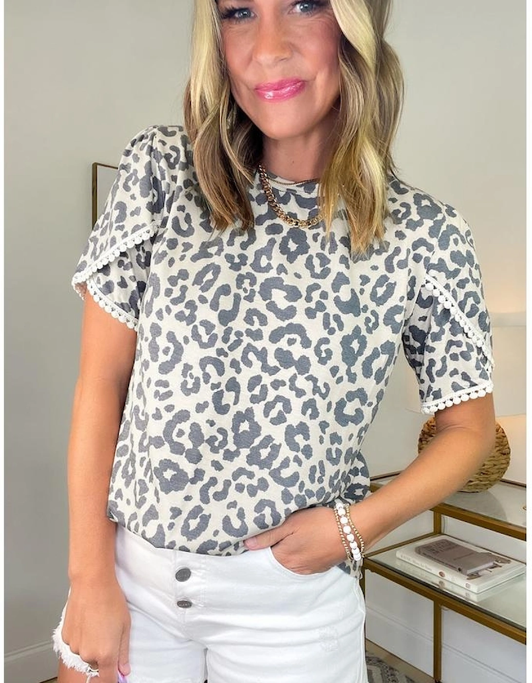 Beige Leopard Round Neck Lace Trim Petal Sleeve T Shirt