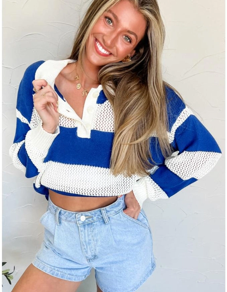 Blue Stripe Colorblock Polo Collar Eyelet Crochet Knitted Sweater