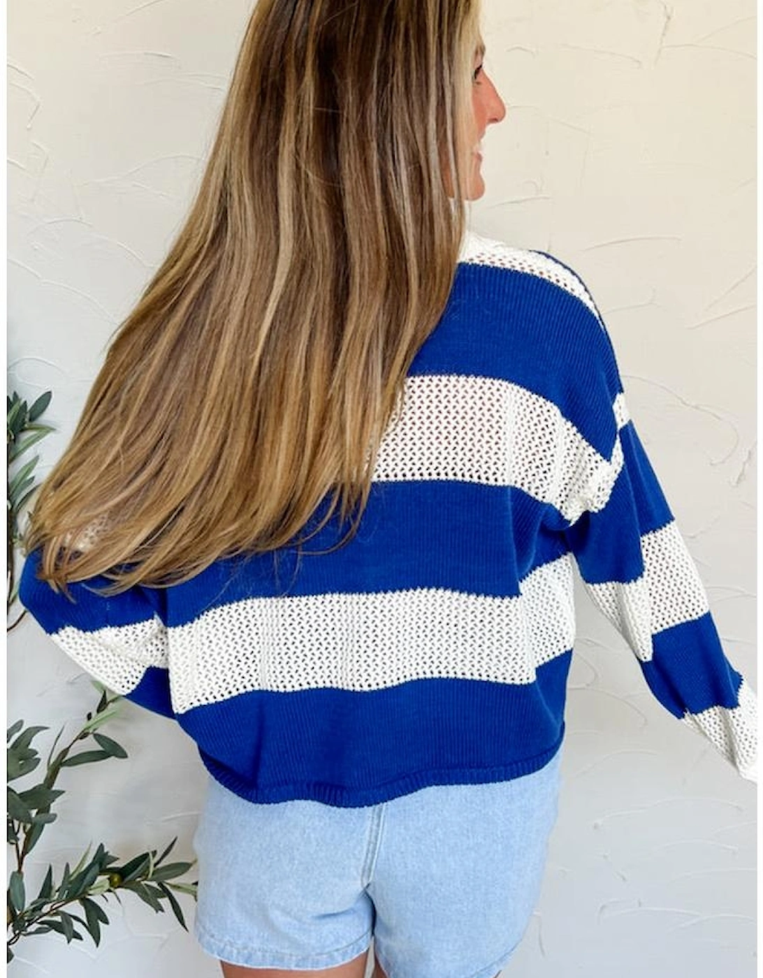 Blue Stripe Colorblock Polo Collar Eyelet Crochet Knitted Sweater, 14 of 13